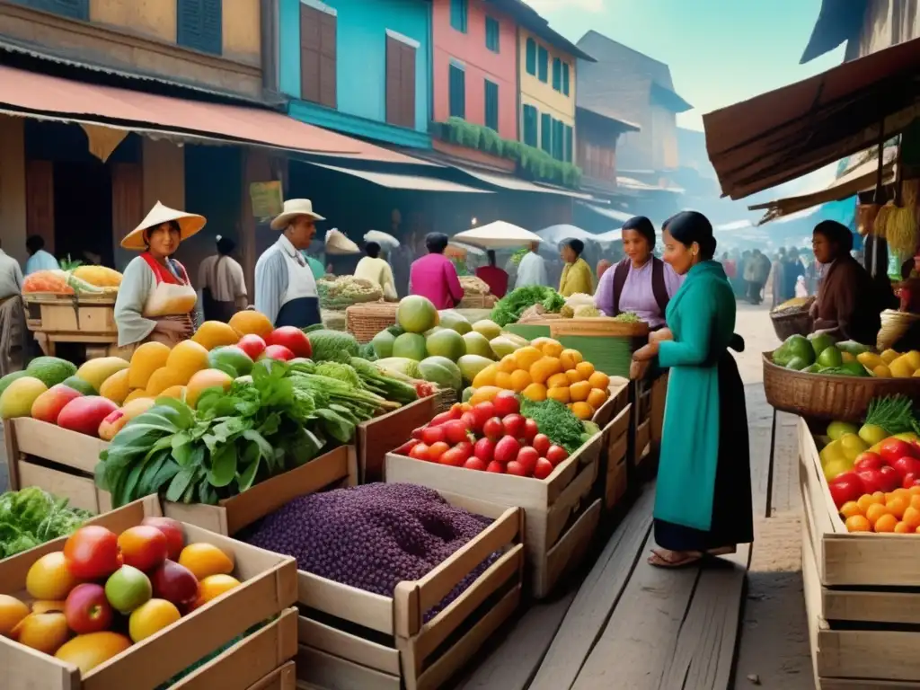 Mercado tradicional con frutas y verduras coloridas Mercado tradicional con alimentos saludables: Beneficios de las dietas tradicionales