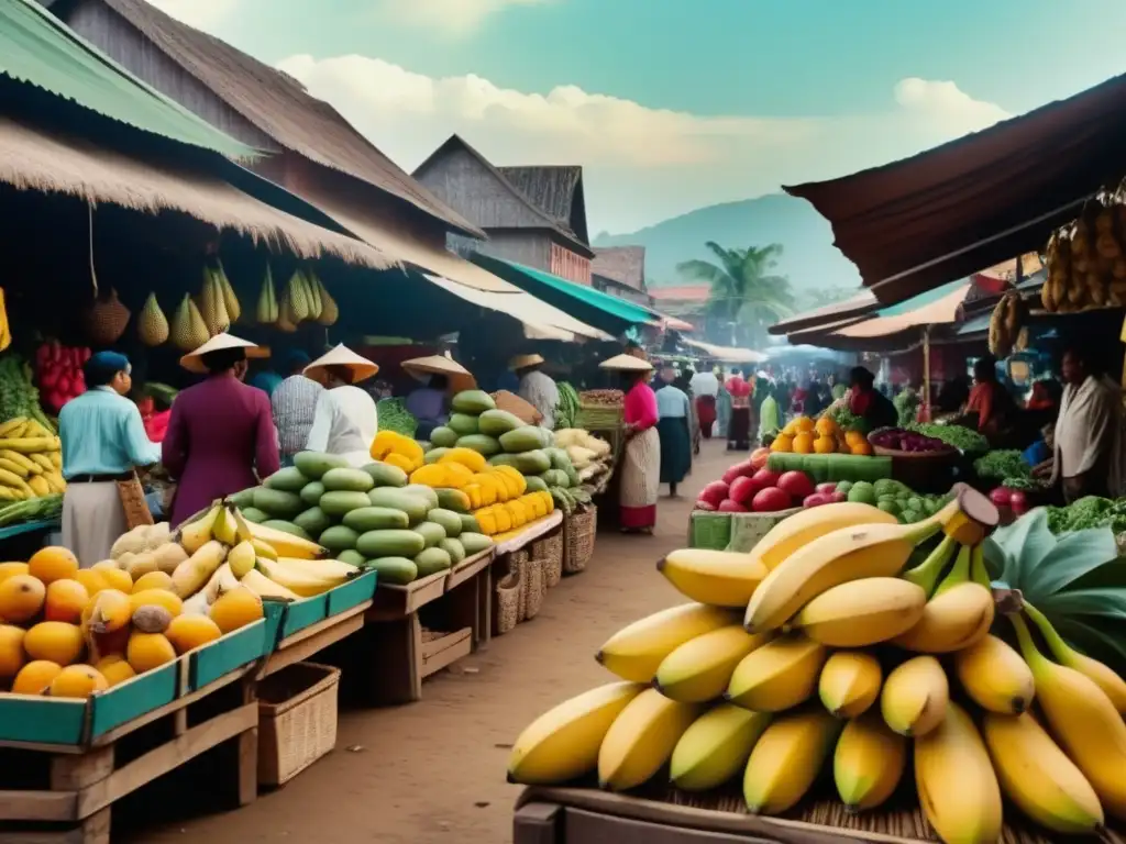 Mercado tradicional con frutas, verduras y bananas Mercado tradicional lleno de vida y color