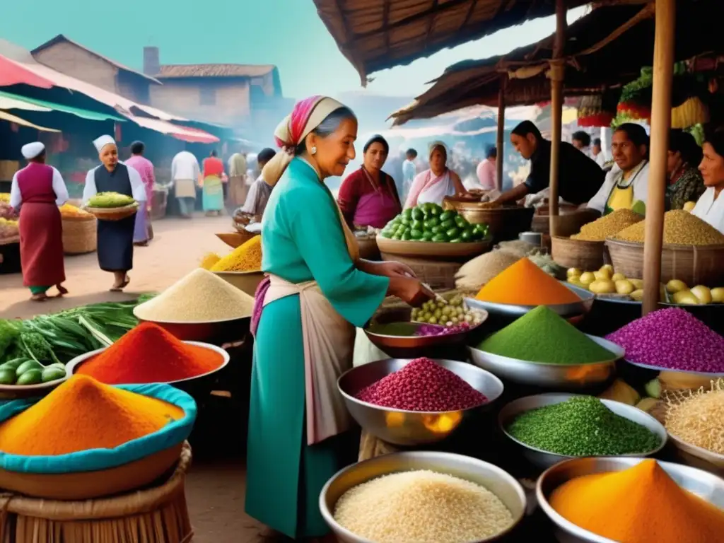 Mercado tradicional: fusión de tradición y modernidad Mercado tradicional con alimentos curativos tradicionales y cocina moderna