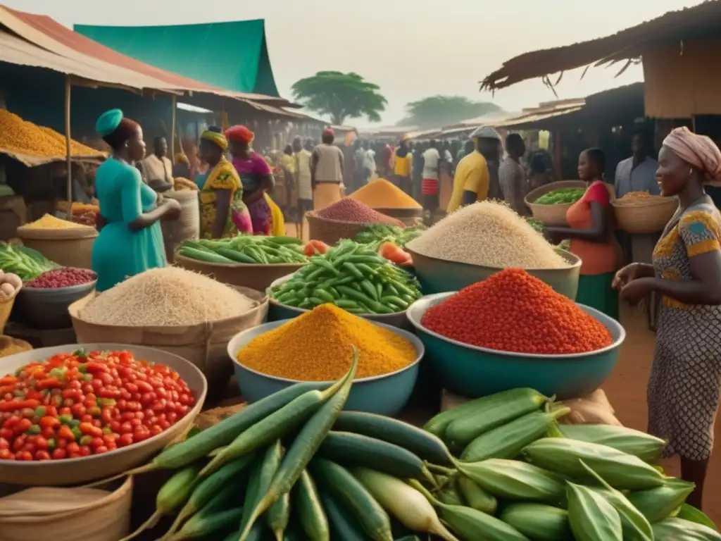 Mercado bullicioso en África Occidental: Maafe y especias Mercado local en África Occidental: Maafe con propiedades curativas