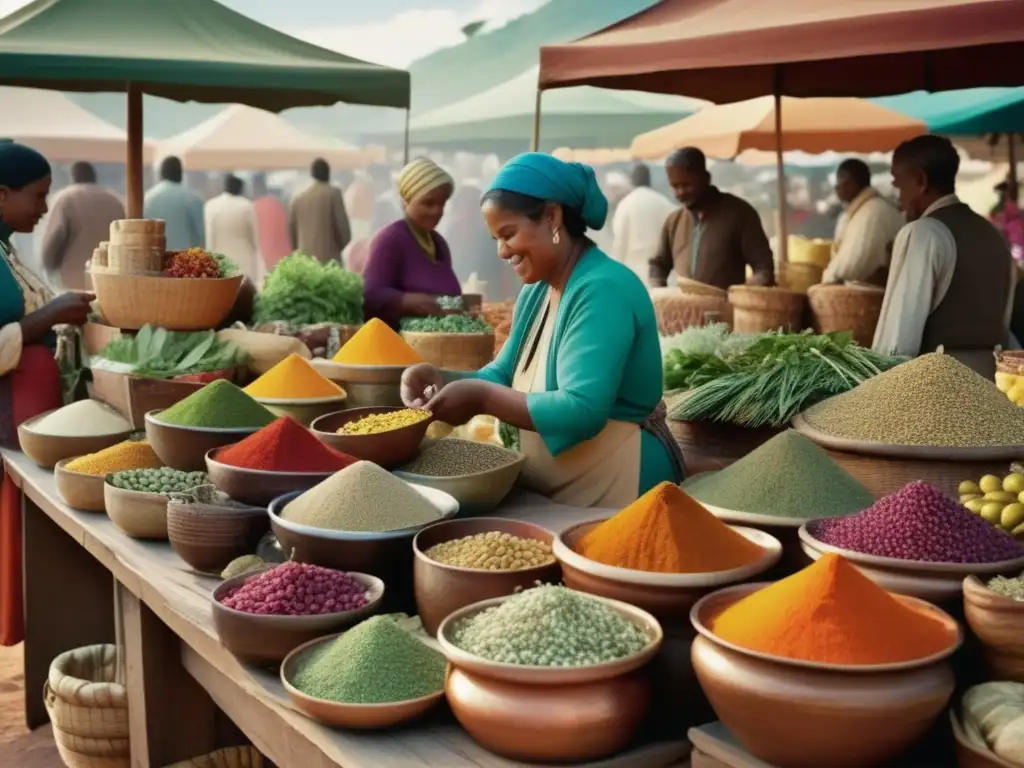 Mercado vibrante con comida tradicional y diversa Mercado vibrante con alimentos medicinales tradicionales - Propiedades curativas de alimentos tradicionales