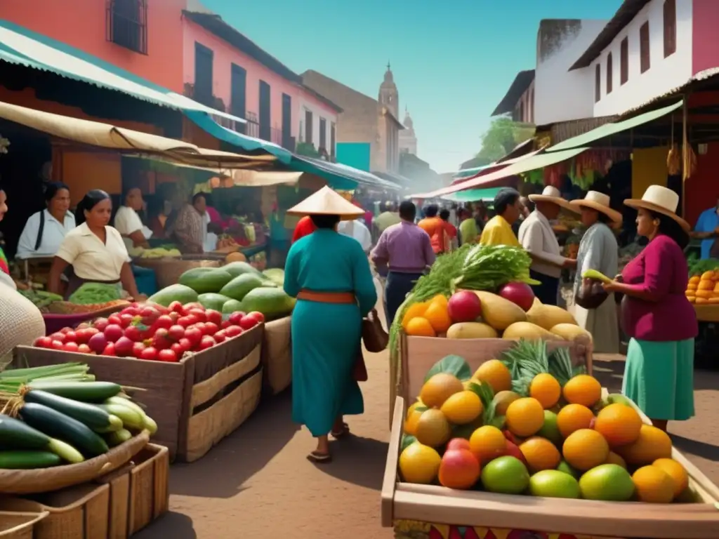 Mercado vibrante en ciudad latinoamericana Mercado local lleno de frutas, verduras, hierbas y especias coloridas