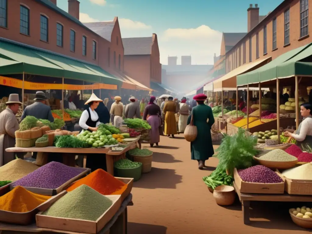 Mercado vibrante de la Revolución Industrial Alimentos curativos tradicionales en la Revolución Industrial