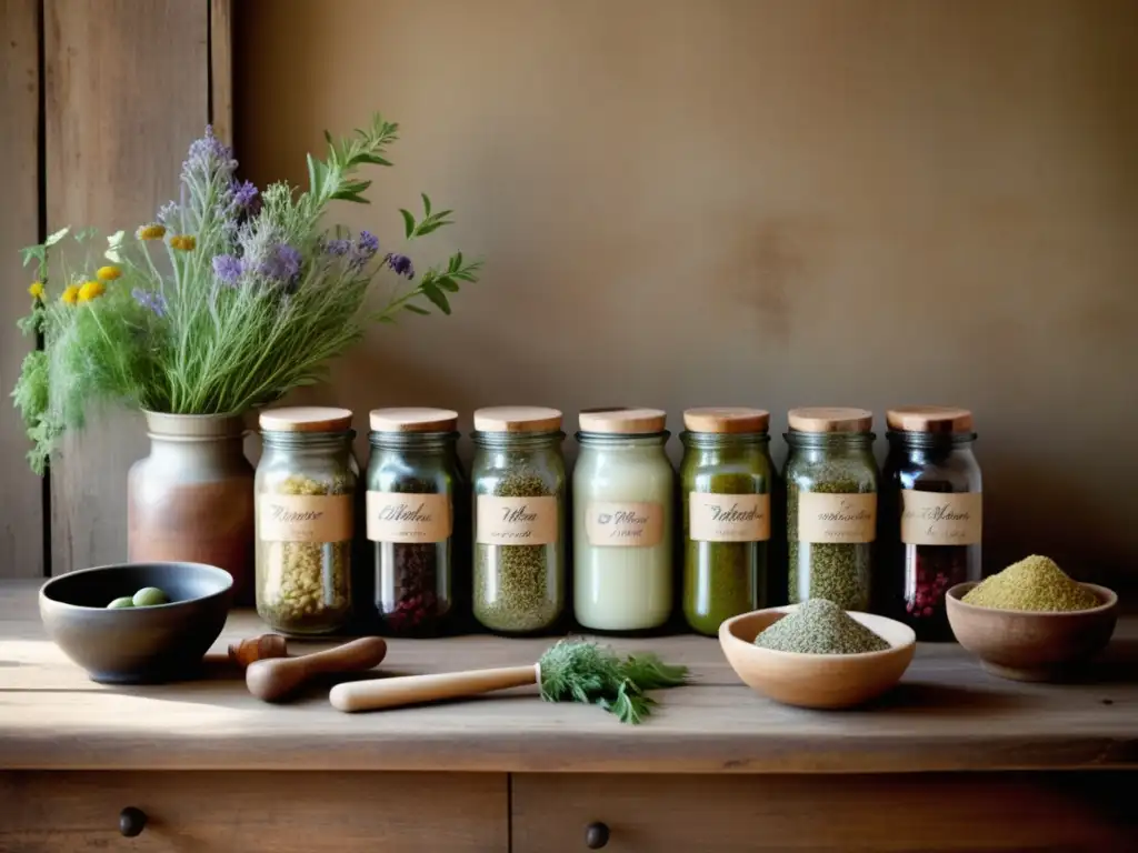Mesa rústica con frascos de hierbas y manos envejecidas Beneficios de suplementos naturales: mesa de madera rústica con frascos coloridos de hierbas y manos envejecidas preparando mezcla herbal