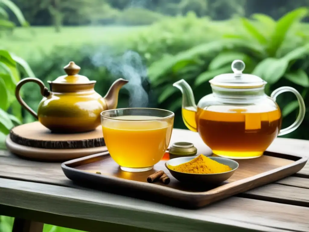 Mesa rústica con té de cúrcuma y vajilla vintage Mesa rústica con té de cúrcuma, jengibre, miel y tazas vintage