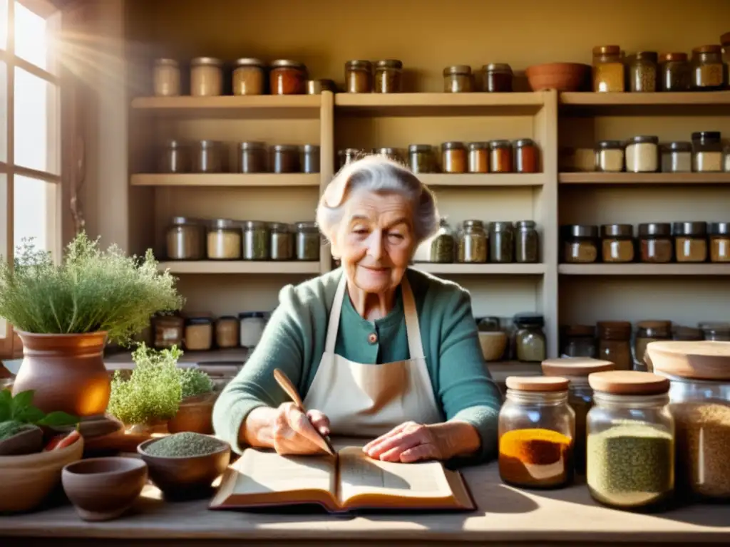 Sabiduría y remedios tradicionales en la cocina Mujer mayor en cocina rodeada de ingredientes curativos, transmitiendo sabiduría y poder de los alimentos tradicionales