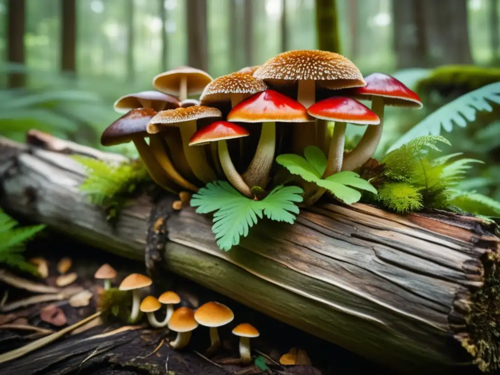 Setas medicinales en un bosque exuberante Beneficios de hongos medicinales para salud mental en bosque vibrante
