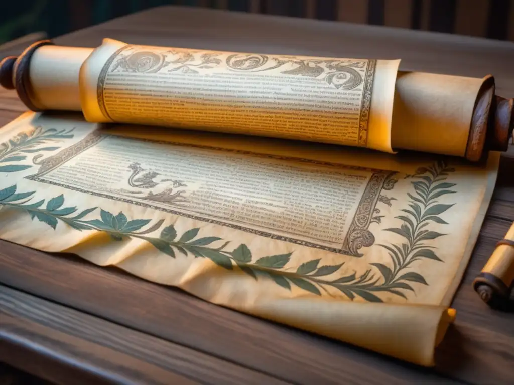 Campo_por_completar Alimentos curativos en mitología ancestral: scroll antiguo con ilustraciones y texto en tinta desgastada sobre una mesa de madera