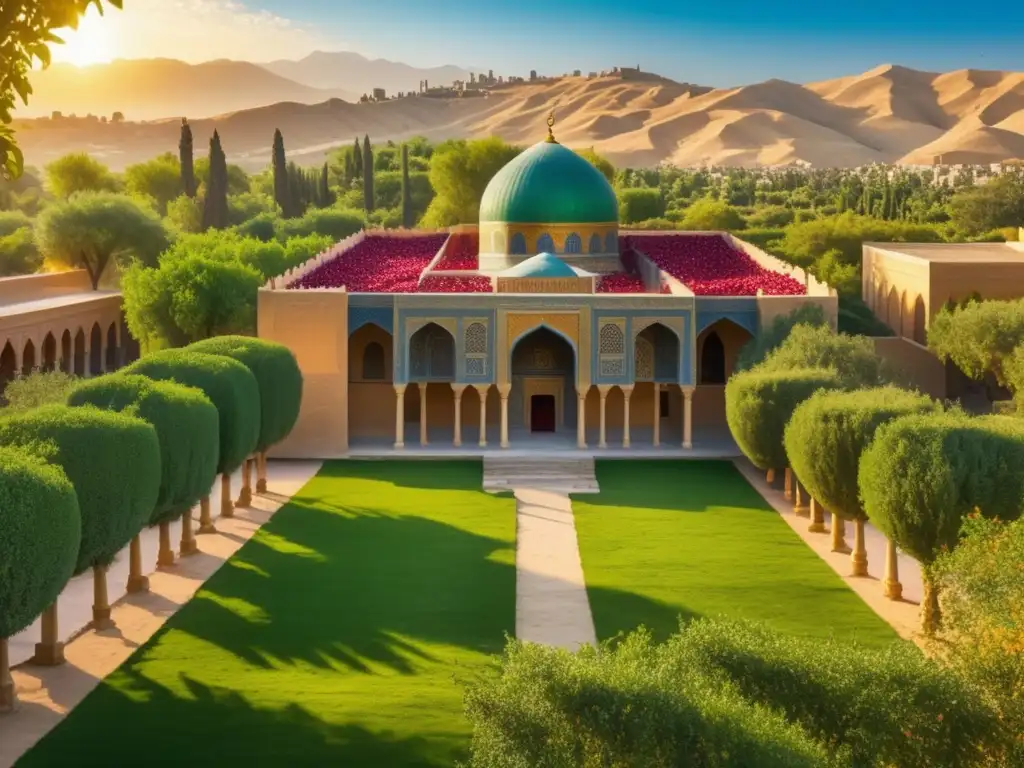 Paisaje antigua Persia con granadas Cultivo tradicional de granadas en Persia, reflejando su importancia cultural y los beneficios del zumo de granada