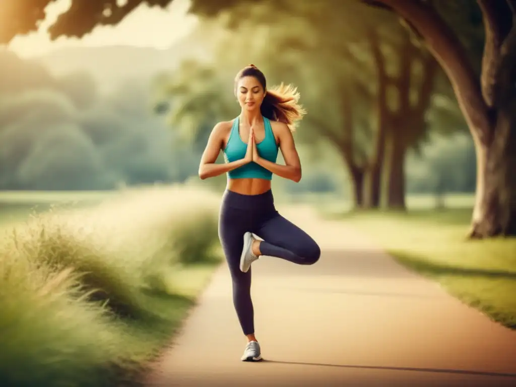 Persona en actividad física y equilibrio emocional Persona en actividad física con fondo natural, promoviendo bienestar emocional con suplementos naturales