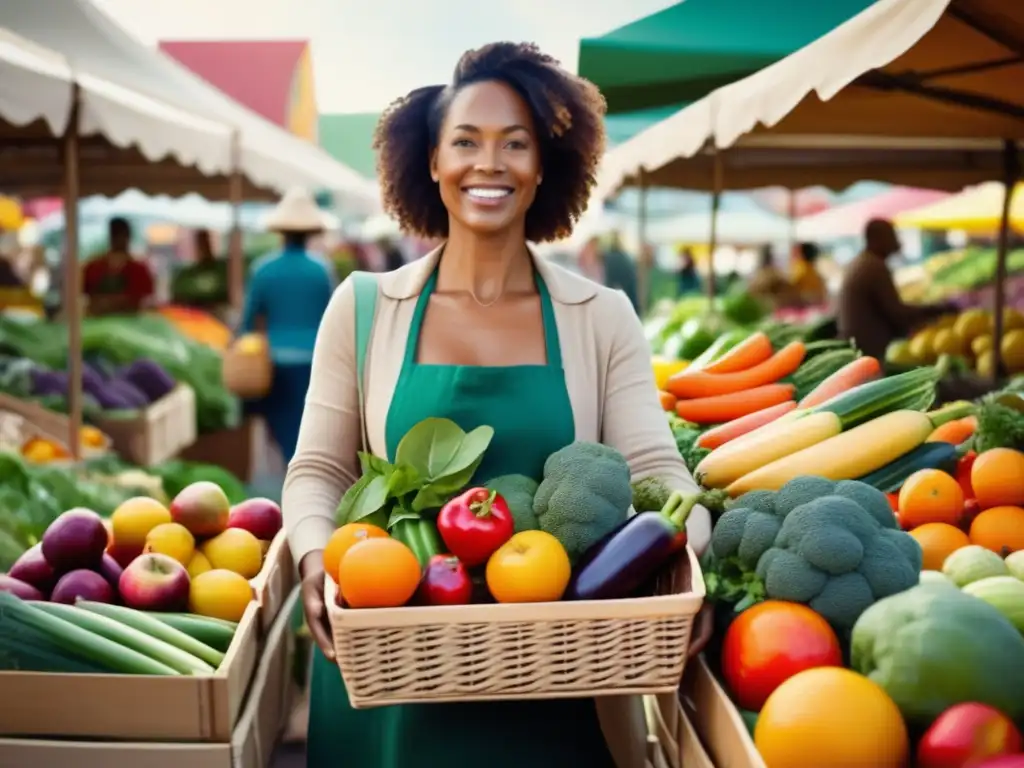 Cesta de frutas y verduras frescas en mercado Suplementos naturales para bienestar, persona con cesta de frutas y verduras en mercado saludable