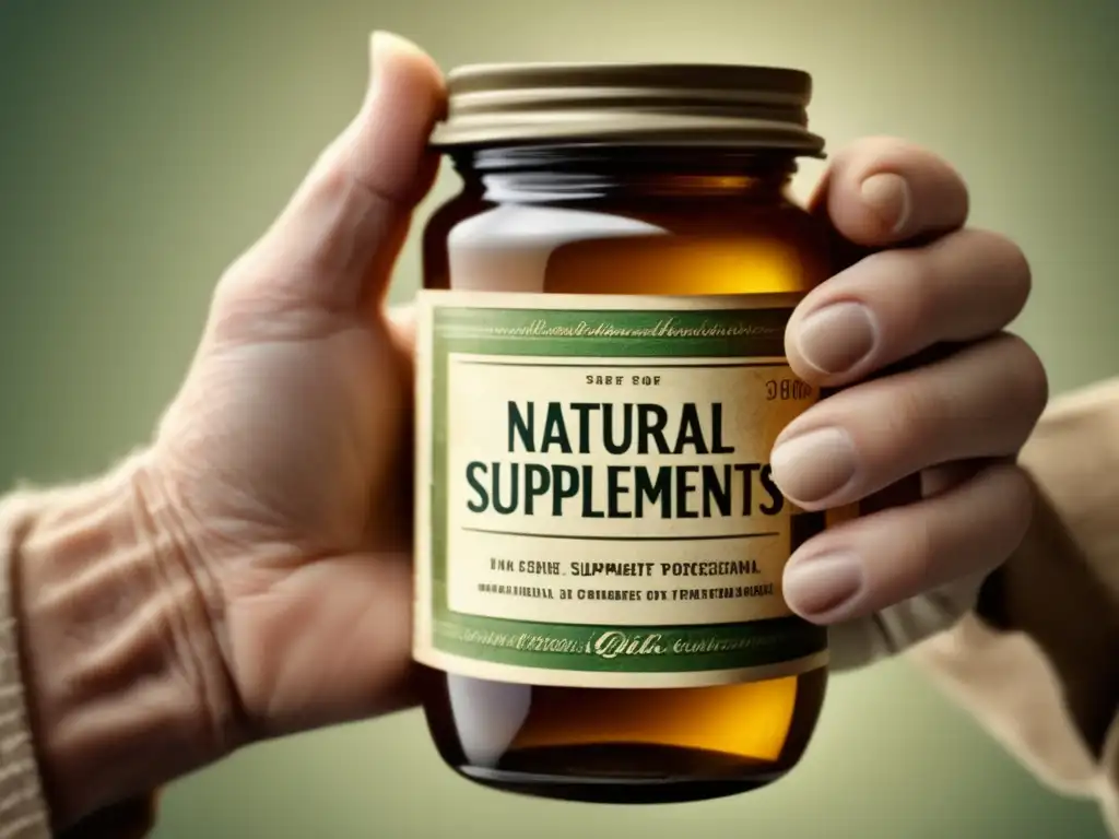 Vintage imagen de persona con jarra de suplementos naturales Persona sosteniendo frasco de suplementos naturales, resaltando importancia de consultar a profesional de salud