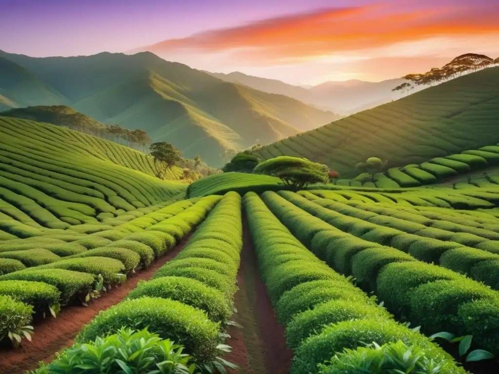Plantación de té al atardecer Plantación de té al atardecer, belleza histórica y beneficios del té negro como antioxidante