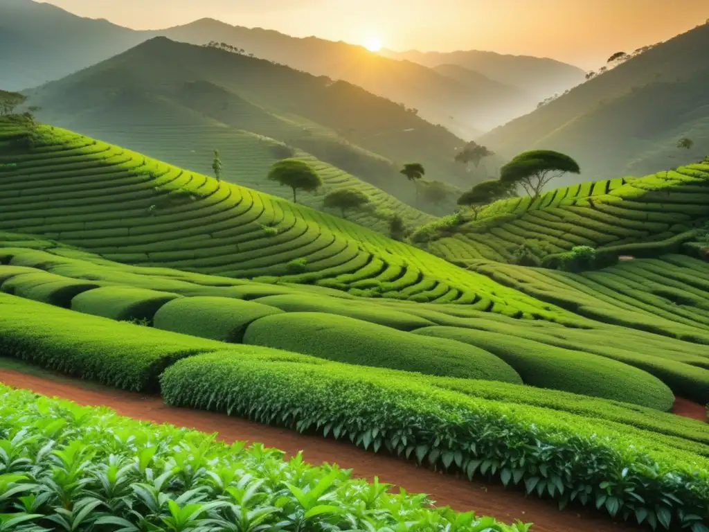 Plantación de té al atardecer Plantación de té al atardecer, con trabajadora recolectando hojas frescas