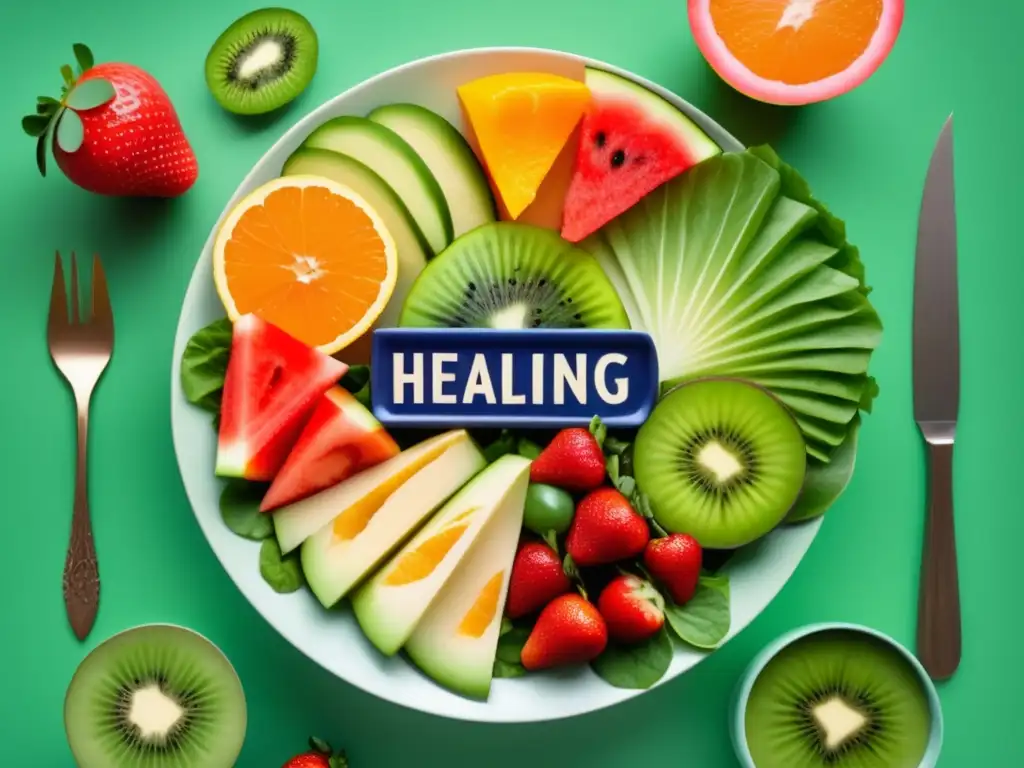 Beneficios alimentos curativos niños: Ensalada vibrante y colorida de frutas y verduras, estilo vintage y documental