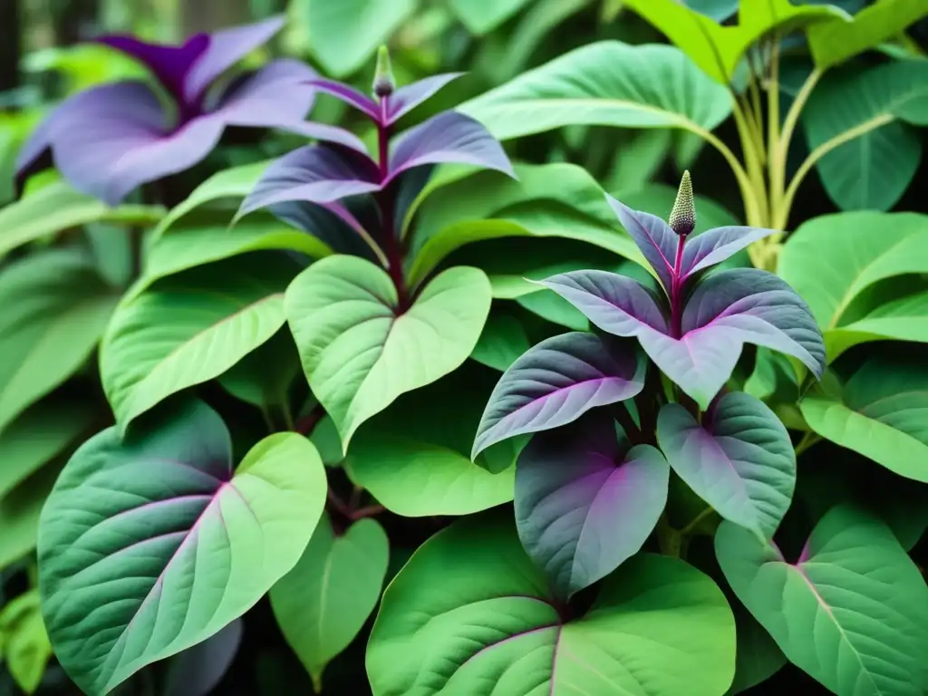 Hermoso cultivo de camote morado en Hawai Propiedades curativas de la batata morada de Hawaii: imagen detallada de una planta de batata morada resalta su belleza y potencial culinario