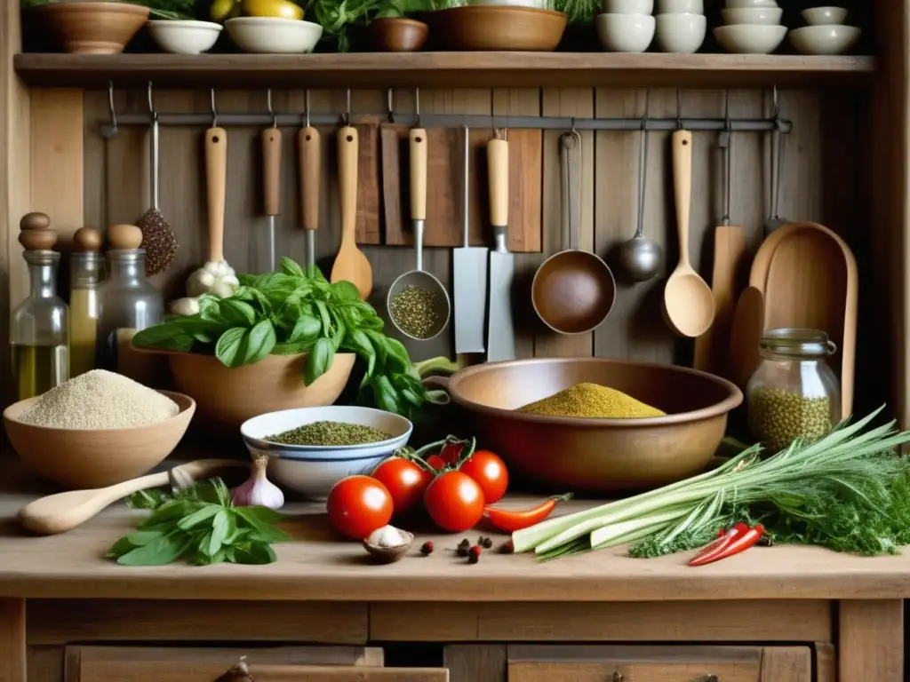 Cocina tradicional: Preparación de alimentos con ingredientes naturales Beneficios de técnicas milenarias en recetas tradicionales: imagen gastronómica vintage con cocina rústica, ingredientes frescos y cocinero experto