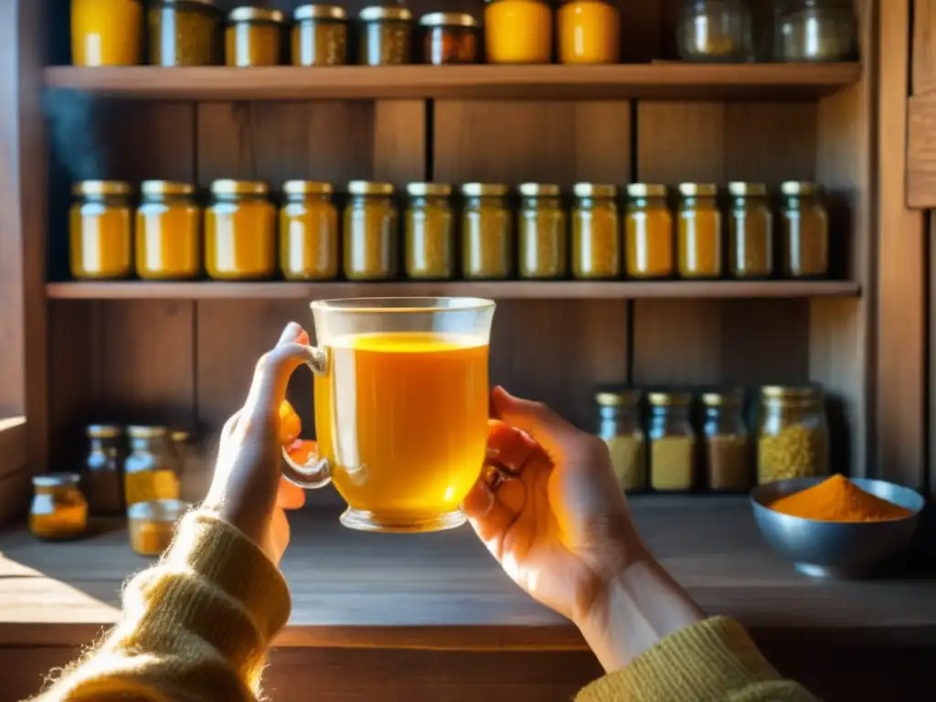 Relajación y bienestar con té de cúrcuma dorado Persona disfrutando los beneficios del té de cúrcuma, en ambiente relajado y saludable