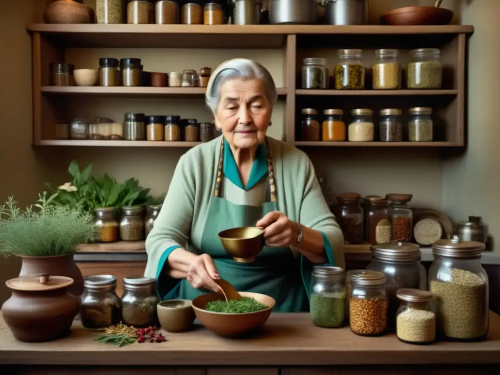 Mujer preparando remedio tradicional Mujer preparando remedio curativo tradicional con alimentos para niños