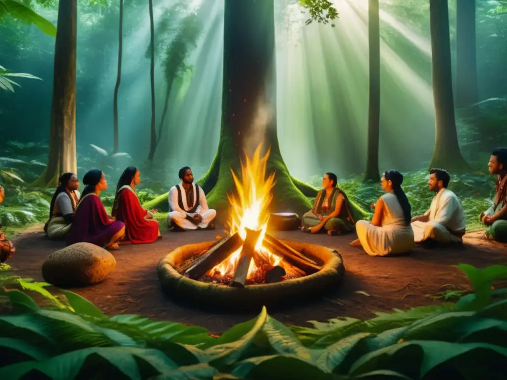 Ceremonia de curación en el bosque antiguo Alimentos curativos en mitología ancestral: grupo ritual alrededor de fuego sagrado en bosque antiguo