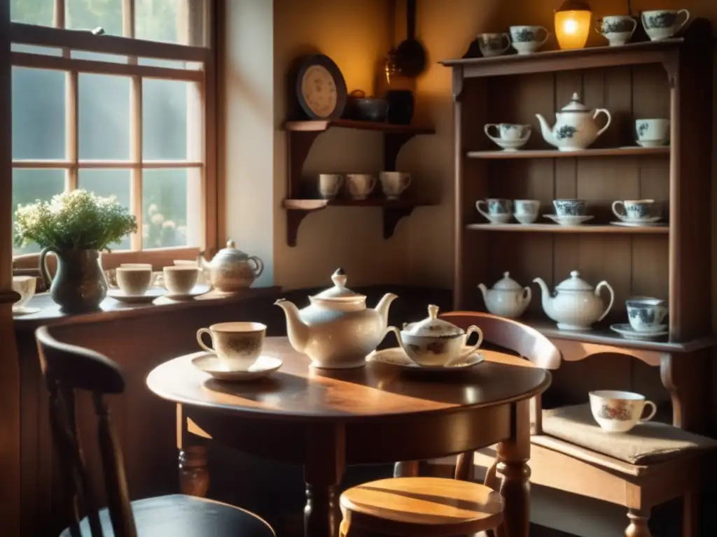 Encantador salón de té vintage Cozy tea room with antique tea sets, teapots, and black tea