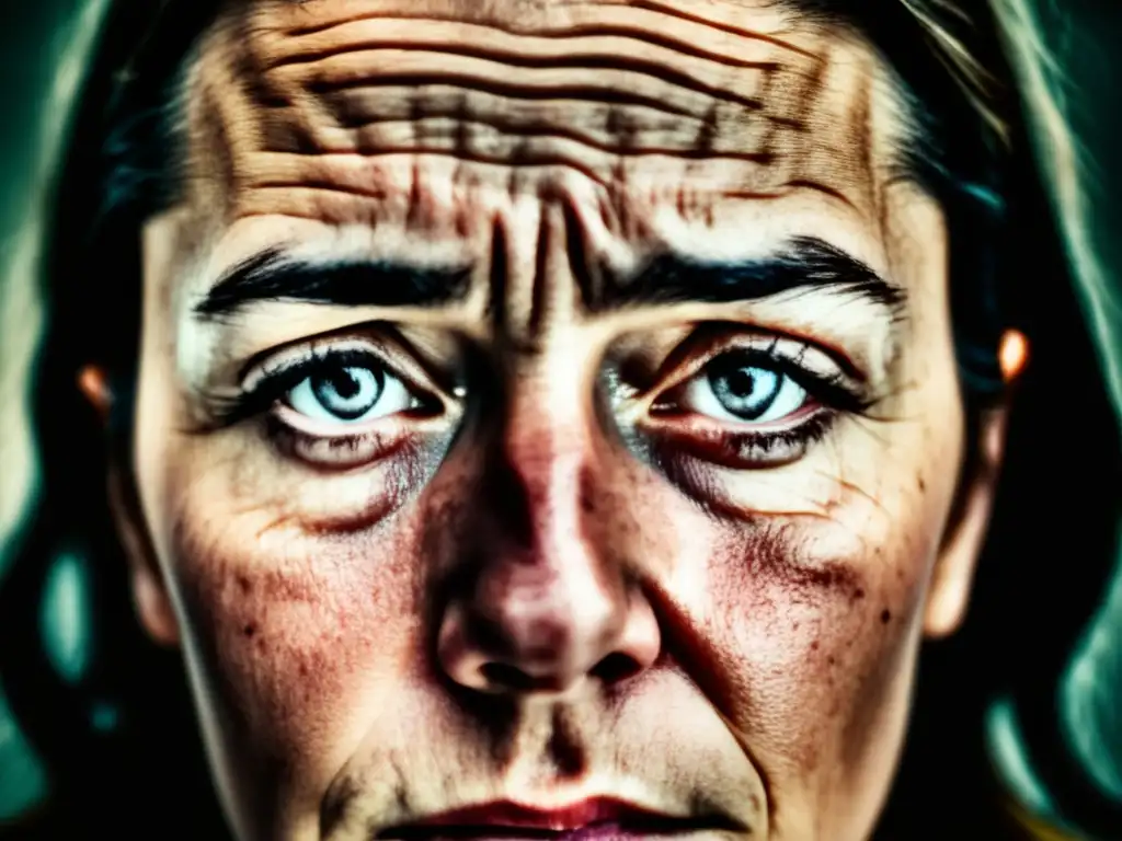 Rostro cansado por estrés Retrato de una persona con signos visibles de estrés crónico: arrugas profundas en la frente y ojeras