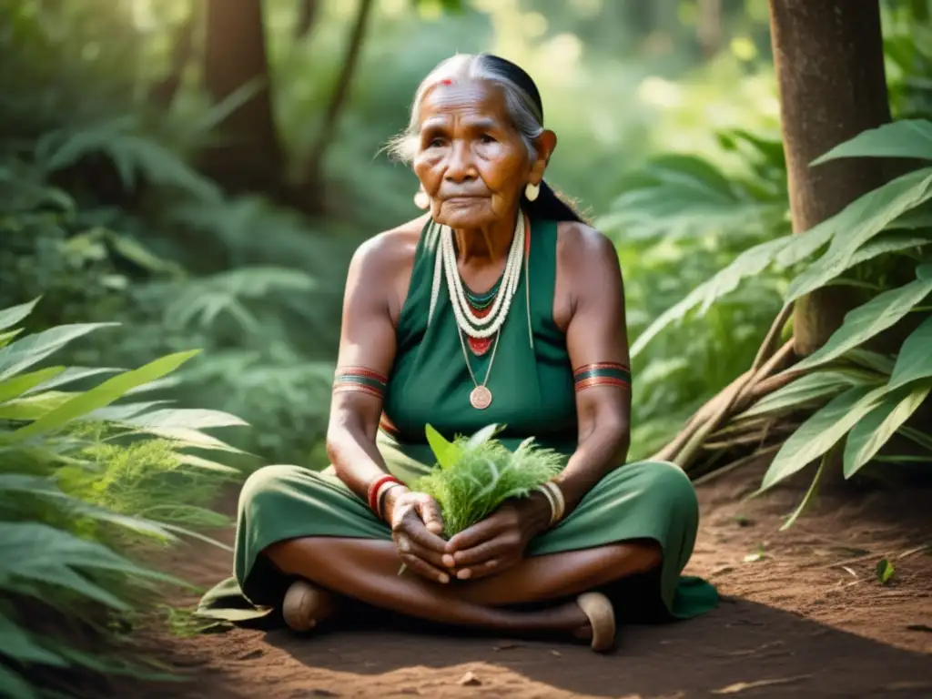 Mujer indígena sabia en la naturaleza Mujer indígena examinando hierbas en bosque con cabaña medicinal - Beneficios de la medicina tradicional en la actualidad
