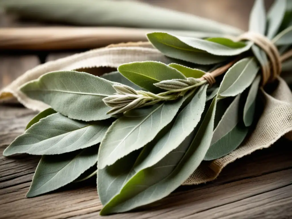 Manojo de salvia seca en madera Beneficios curativos de la salvia: hojas secas con textura y colores terrosos, arregladas en una superficie de madera rústica