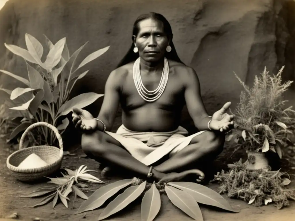Sanador tradicional de una tribu indígena en América Healer indígena con plantas medicinales: Beneficios y usos de recetas curativas tradicionales de América