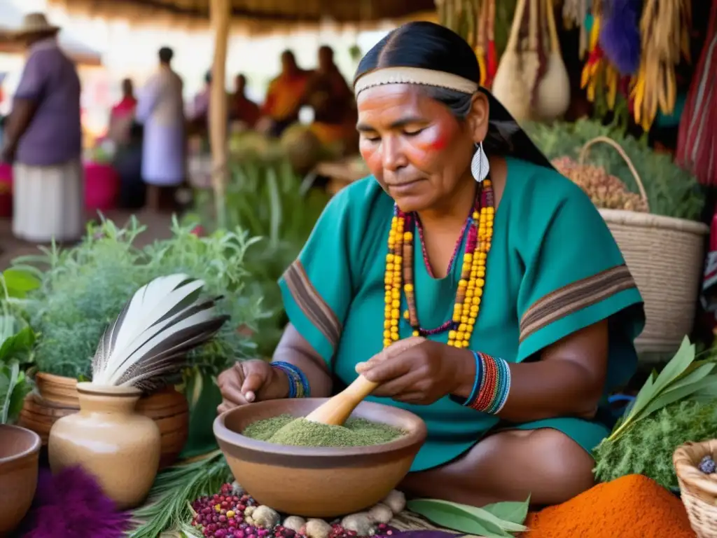 Sanador indígena en mercado colorido Sanador indígena en mercado vibrante con hierbas medicinales y tradiciones curativas de América