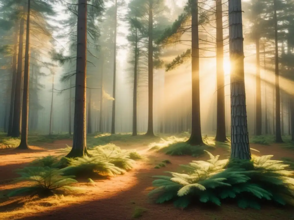Bosque de pinos al amanecer Beneficios del aceite de pino para la salud respiratoria en un hermoso bosque matutino con signpost