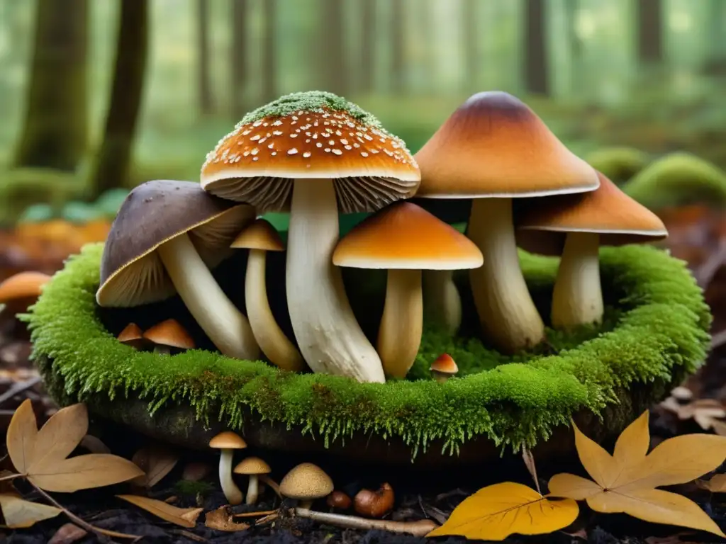 Mágicos hongos medicinales en el bosque Hongos medicinales: imagen detallada con estilo vintage, mostrando variedad de hongos en su hábitat natural