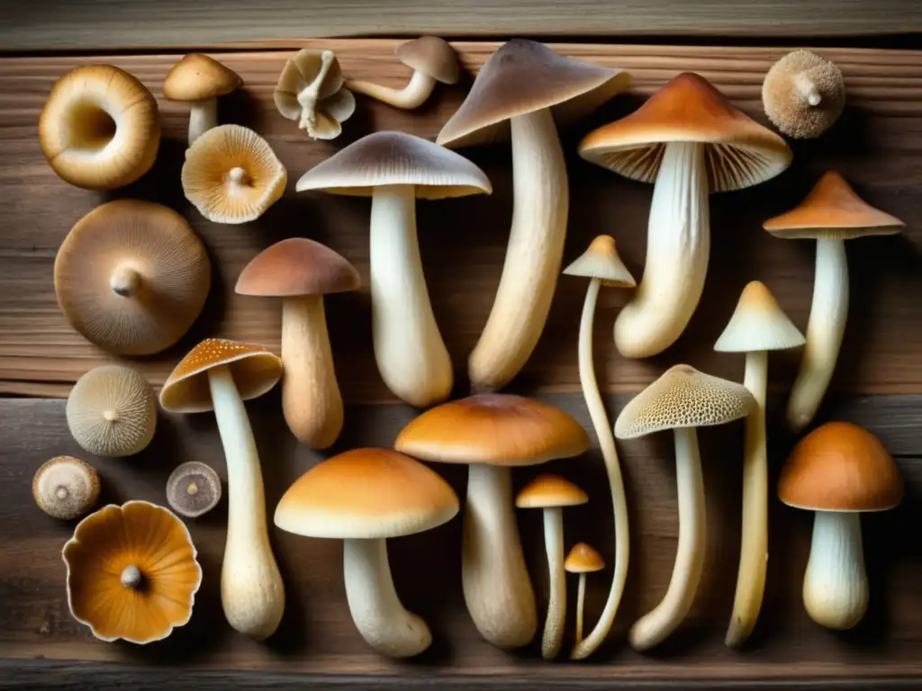 Setas medicinales: variedad y belleza Riesgos y beneficios de los hongos medicinales en una imagen vintage de alta resolución