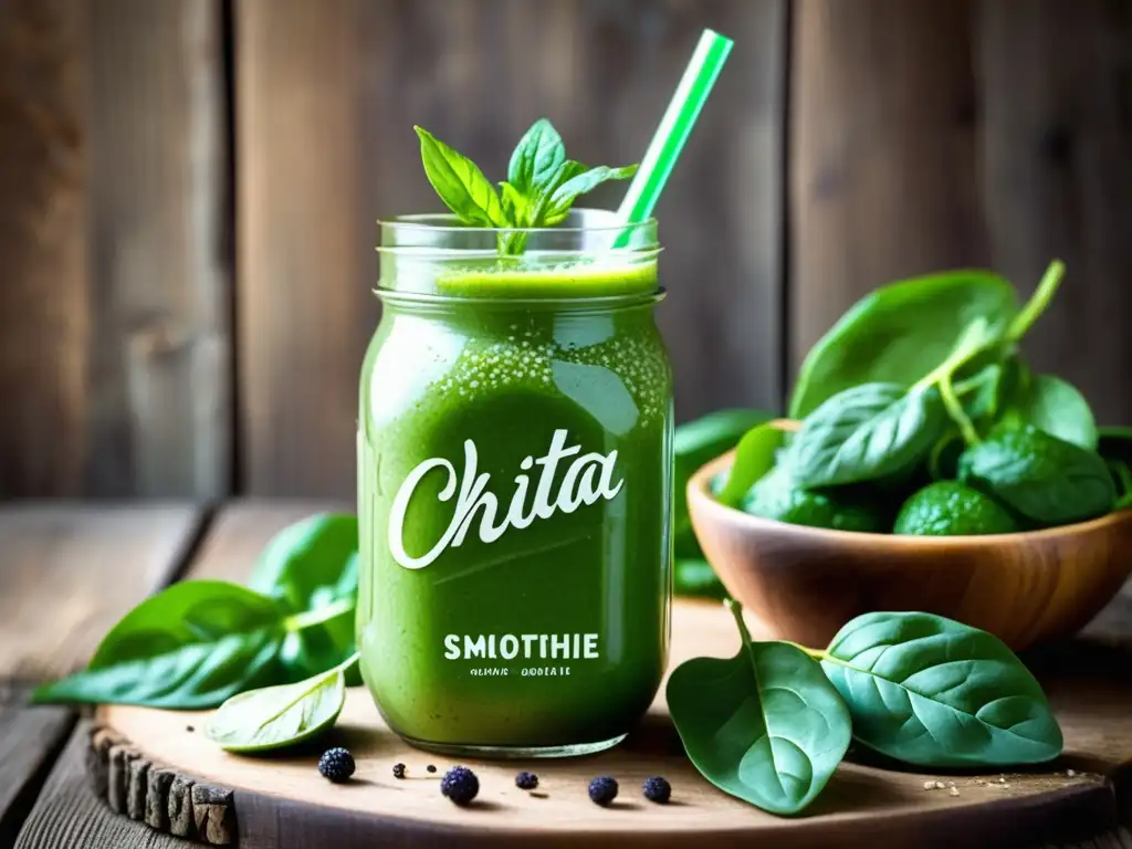 Batido verde fresco con espinacas y chía Un smoothie verde vibrante con espinacas y semillas de chía, resaltando sus beneficios como superalimentos