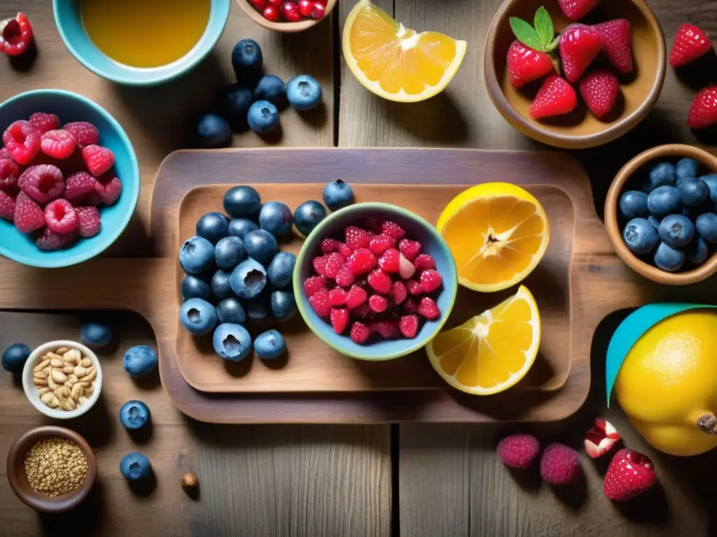 Superalimentos coloridos en mesa rústica Beneficios de superalimentos en recetas con estilo documental y nostálgico