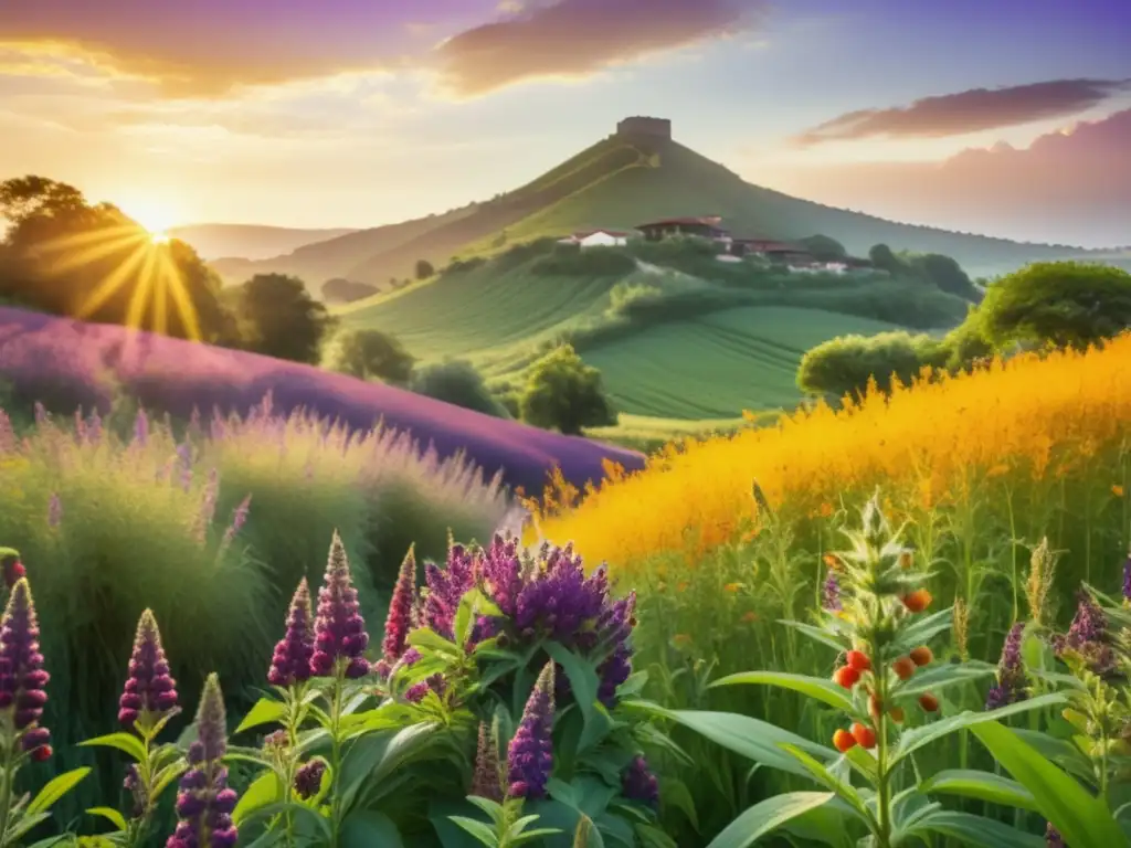 Un paisaje exuberante con flores y superalimentos tradicionales Paisaje exuberante con superalimentos tradicionales: Propiedades curativas para cuerpo y alma