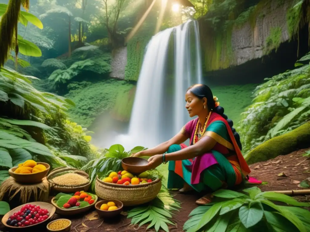 Colección de superalimentos en exuberante bosque Propiedades curativas de superalimentos tradicionales en exuberante bosque con cascada