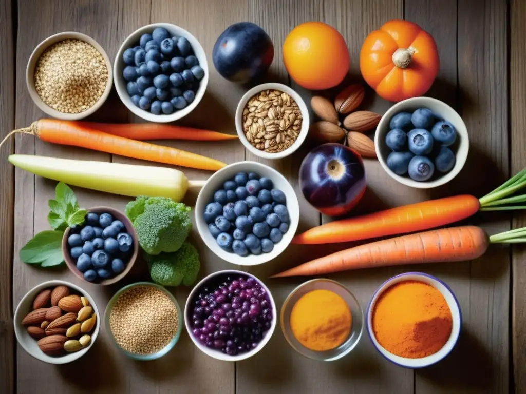 Superfoods naturales en mesa rústica Beneficios de superfoods tradicionales en imagen con variedad de colores, formas y texturas, en mesa de madera rústica