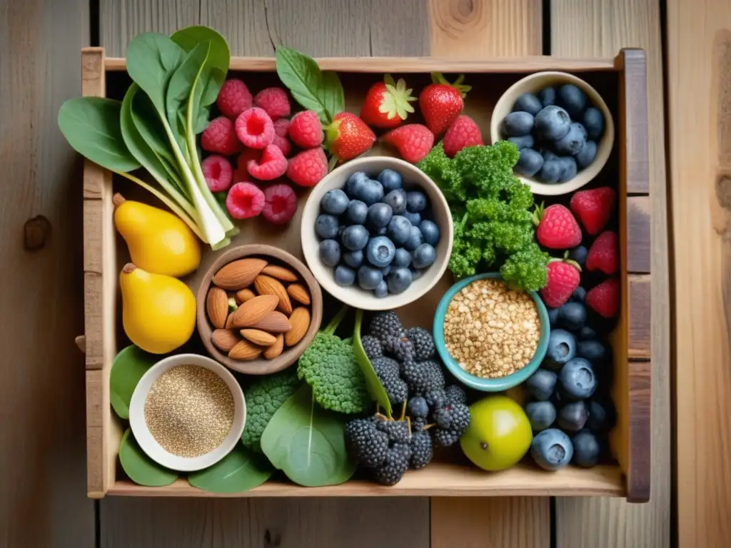 Superfoods frescos y coloridos en caja de madera Beneficios de superalimentos en recetas - Imagen colorida de superalimentos en una caja de madera rústica: frutas, verduras y frutos secos