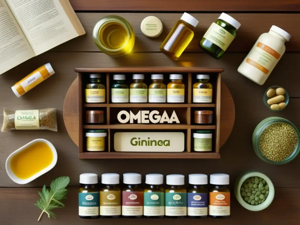 Suplementos herbales y vitaminas en mesa de madera Beneficios de los suplementos naturales: mesa de madera con hierbas, vitaminas y omega3, iluminada naturalmente