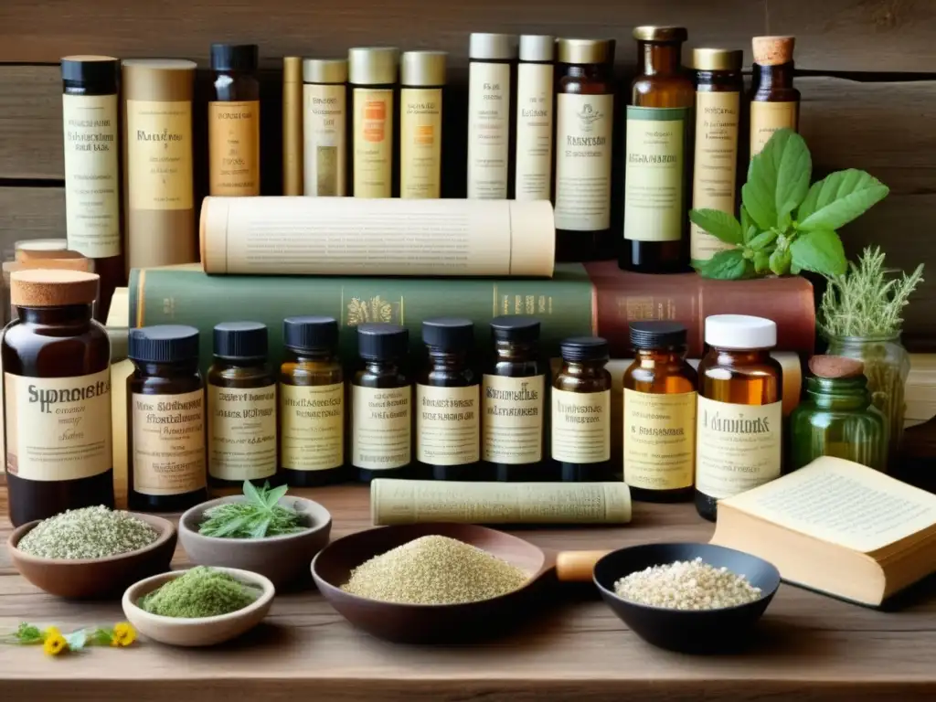 Suplementos naturales para bienestar Suplementos naturales para bienestar: colección vintage de hierbas, vitaminas y plantas en mesa rústica