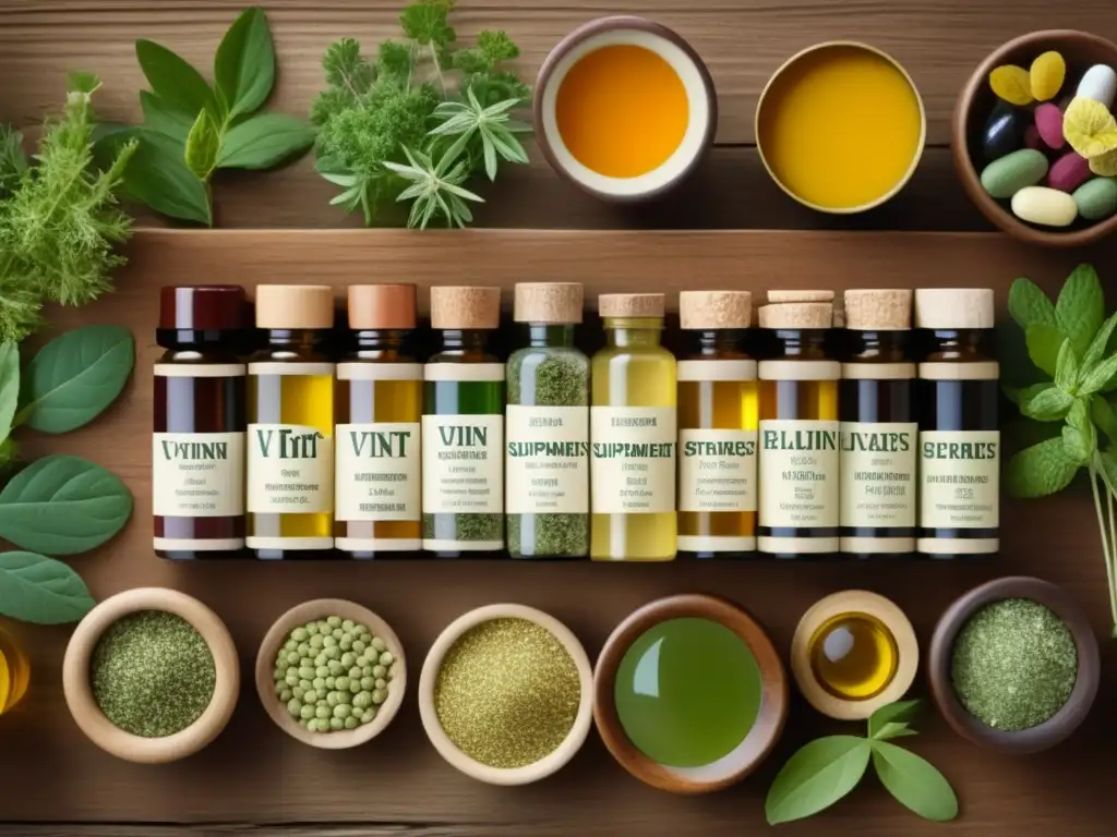 Beneficios de suplementos naturales en una imagen vintage de diversos productos naturales ordenados en una mesa de madera