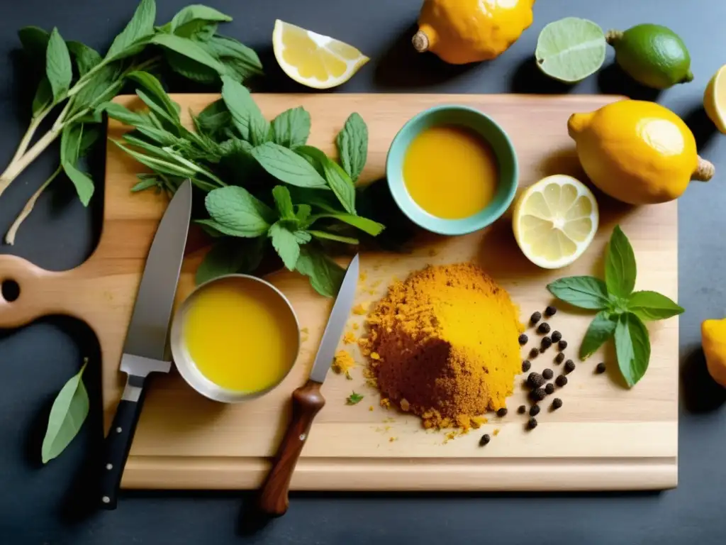 Ingredientes frescos para té de cúrcuma Beneficios del té de cúrcuma para la salud, ingredientes frescos y naturales en una imagen vintage de una tabla de cortar de madera
