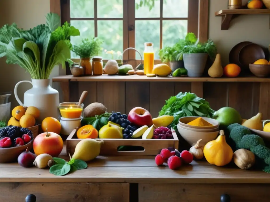 Cocina rústica con alimentos curativos Alimentos curativos tradicionales para longevidad en una cocina acogedora con mesa de madera rústica, frutas, verduras y hierbas