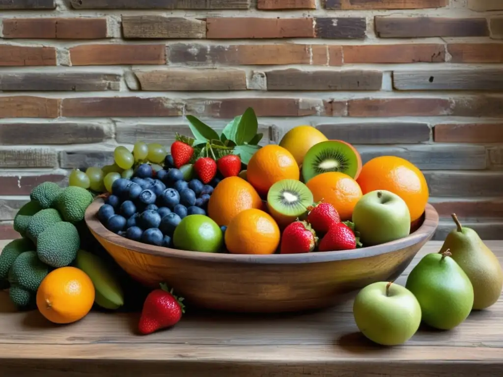 Mesa rústica con frutas y verduras frescas Alimentos curativos para tratar psoriasis: variedad de frutas y verduras frescas en una mesa de madera rústica