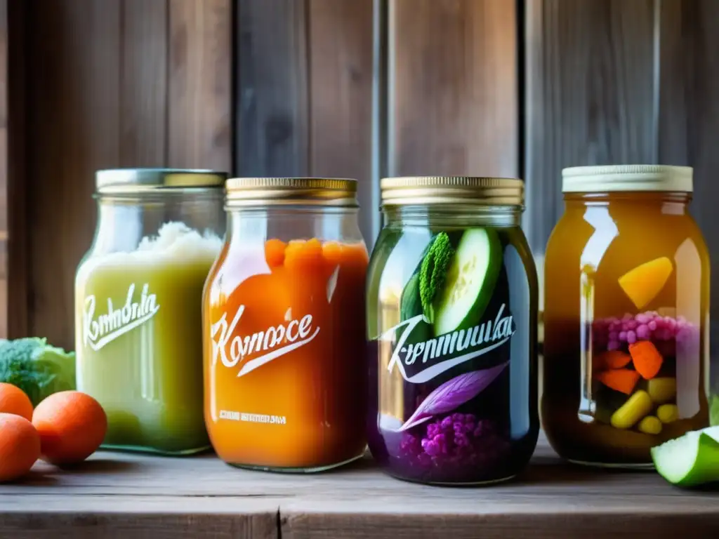 Tarros de alimentos fermentados coloridos en mesa de madera Efectividad de alimentos probióticos curativos en jarra vintage con variedad de alimentos fermentados