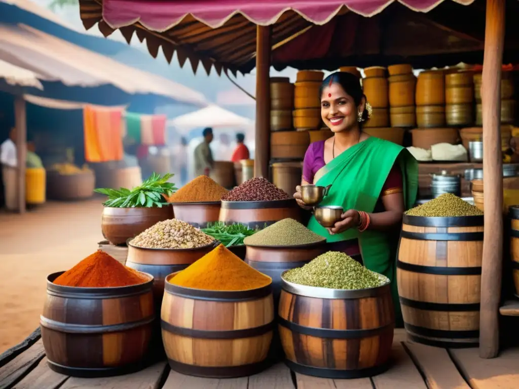 Puesto de té indio tradicional en mercado animado Beneficios del té chai para la salud: Escena vibrante de un puesto tradicional de té en la India, lleno de colores, especias y clientes ansiosos