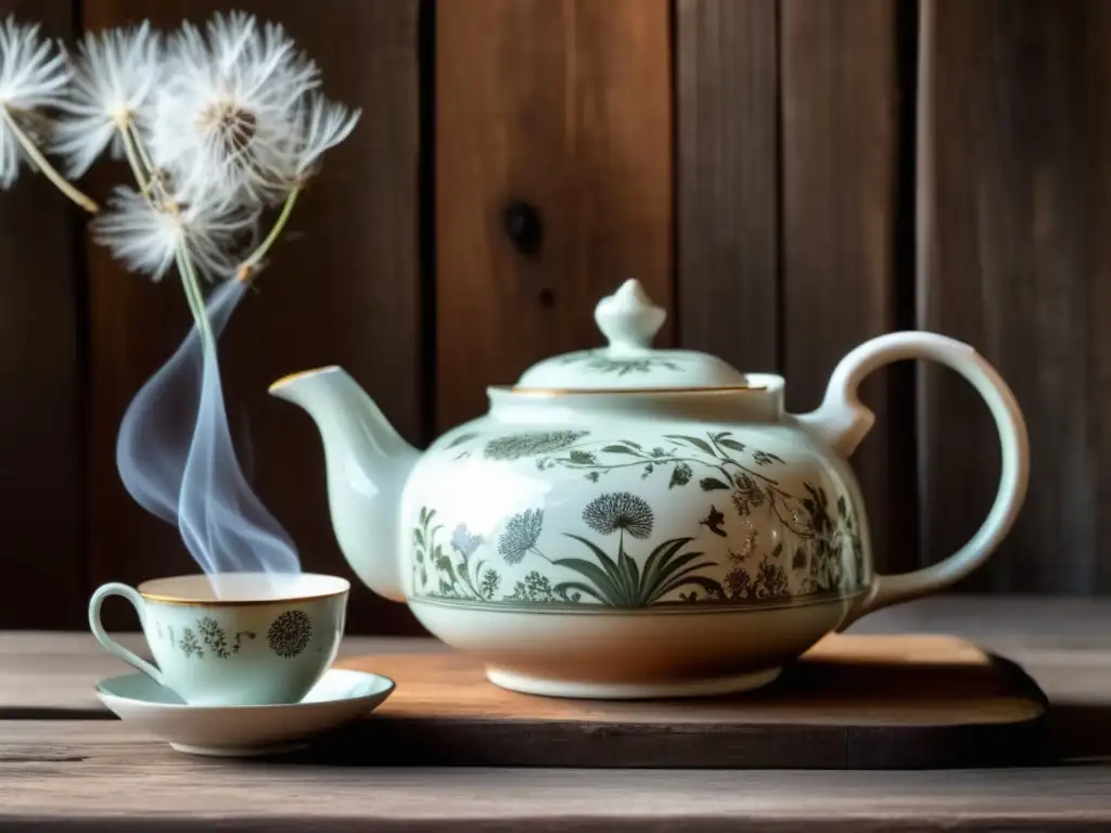 Tetera vintage en mesa rústica con té de diente de león Teapot de cerámica vintage con diseño floral y asa desgastada