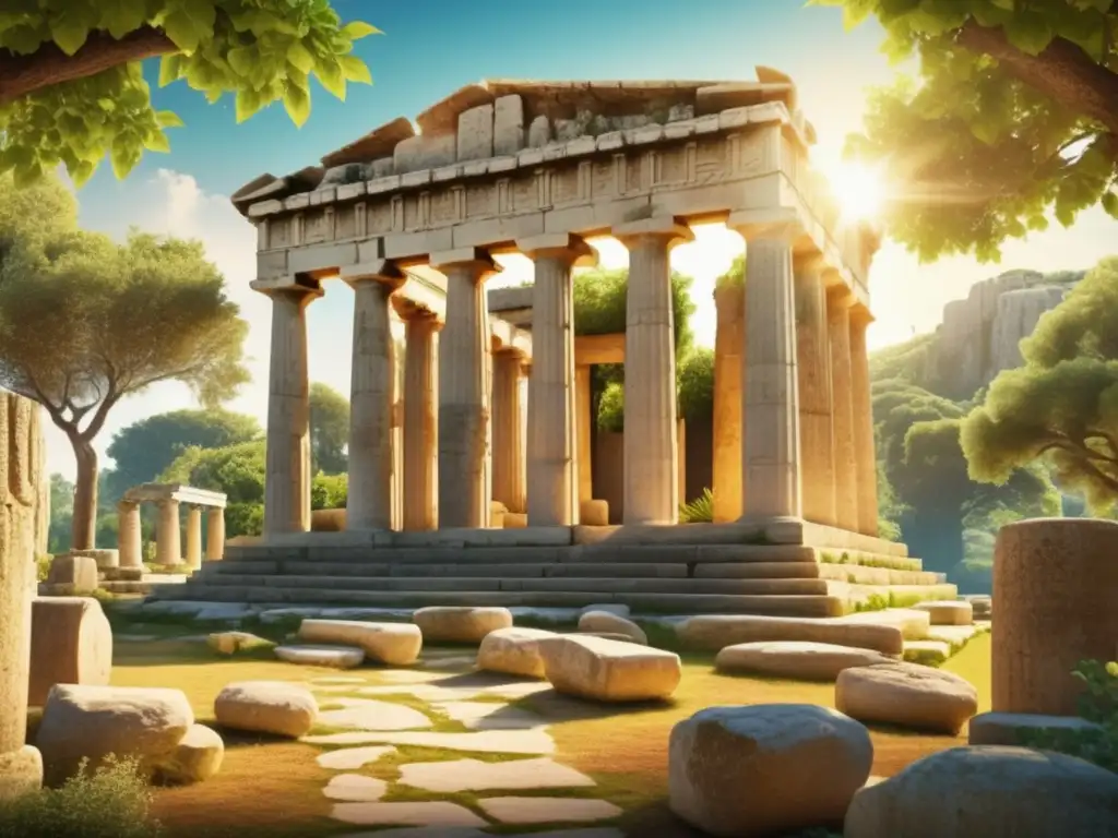Templo griego antiguo rodeado de vegetación exuberante Alimentos curativos en mitología ancestral - Templo griego rodeado de naturaleza, escenas mitológicas, y comida saludable