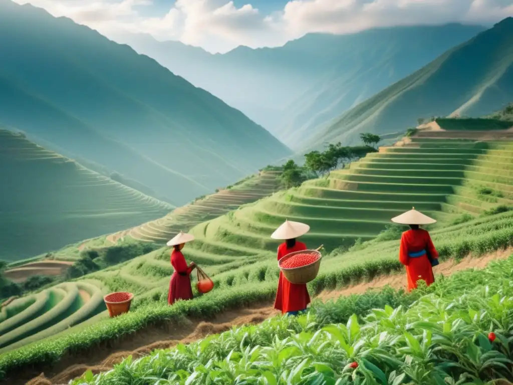Cosecha tradicional de Goji en China Cultivo tradicional de bayas de Goji en Asia: una imagen vintage muestra paisajes exuberantes y agricultores locales recolectando las bayas